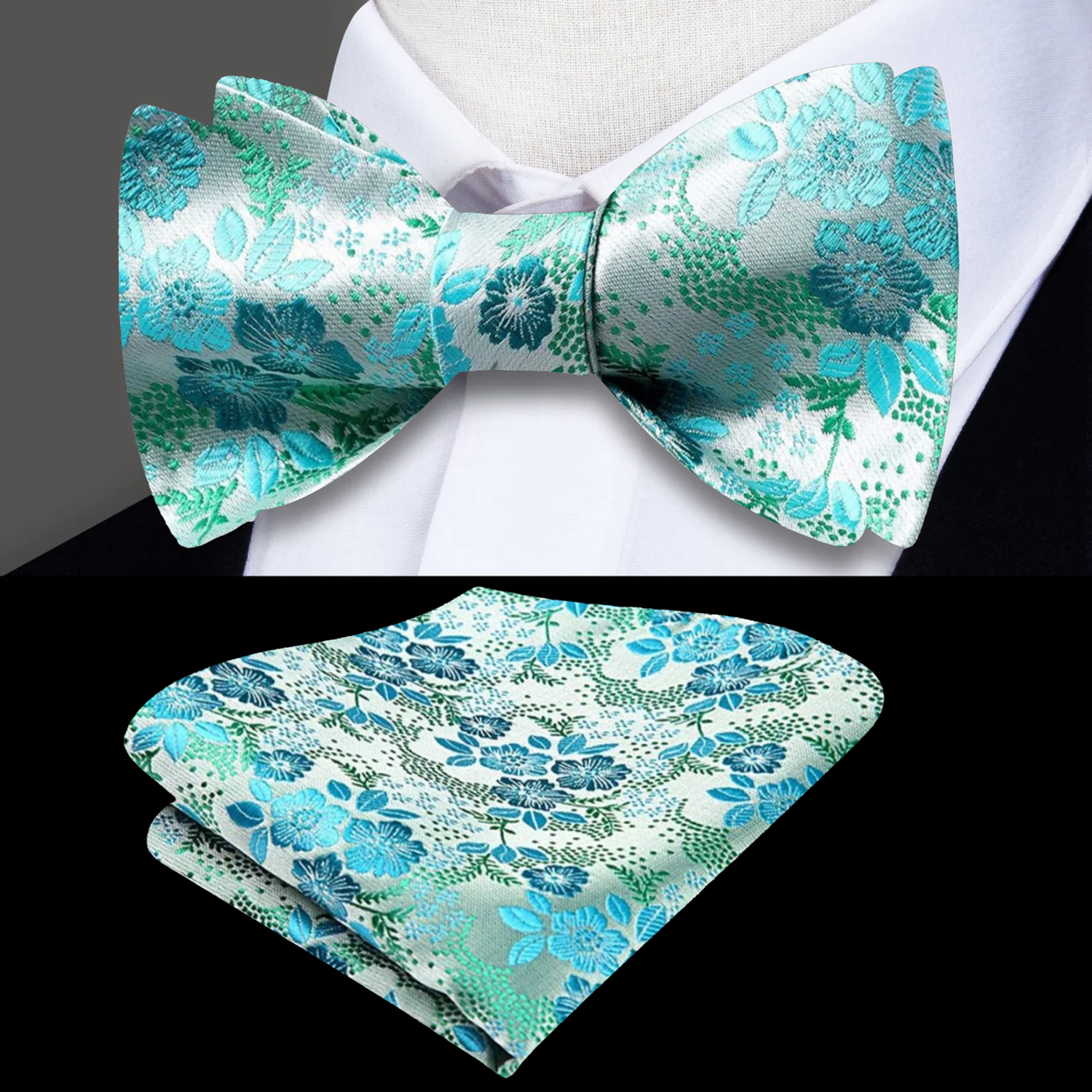 A floral bow tie with a combination of light teal, green, and blue colors laid out on a flat surface with a pink rose in the background.