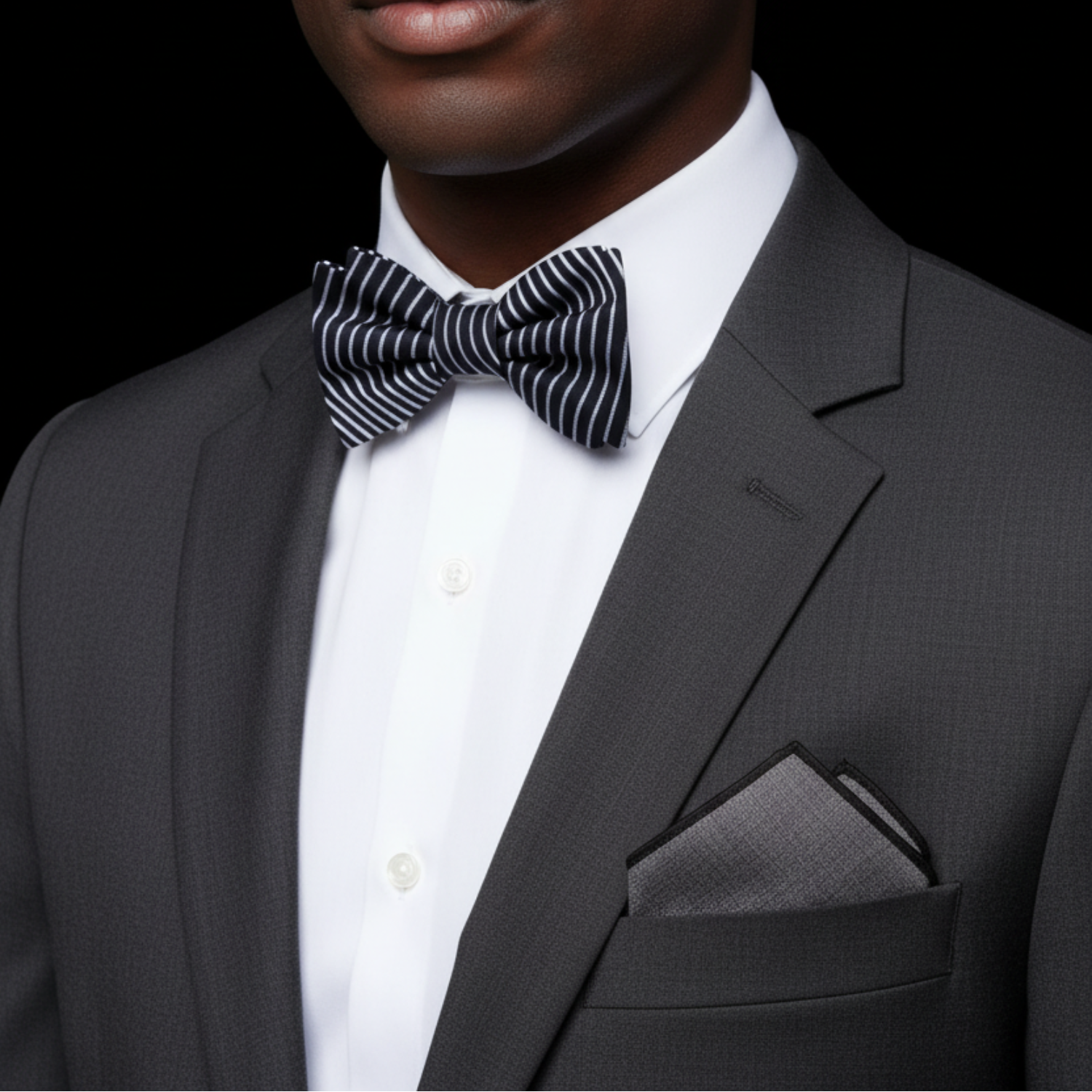 Black, Light Grey Abstract Waves Bow Tie and Accenting Pocket Square