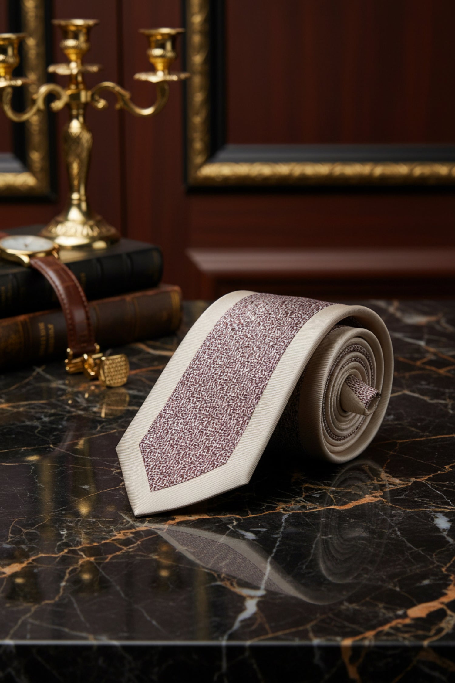 A necktie with a textured, speckled pattern in brown and beige on a white base, shown folded on a plain white background.