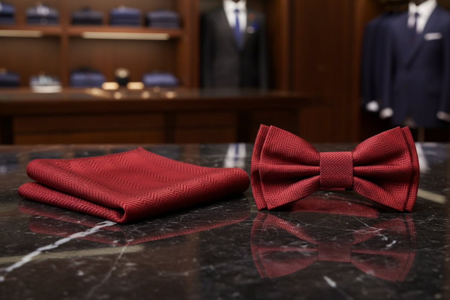 A matching men's accessory set featuring a red herringbone patterned pocket square and a matching pre-tied bow tie, displayed on a clean white background.