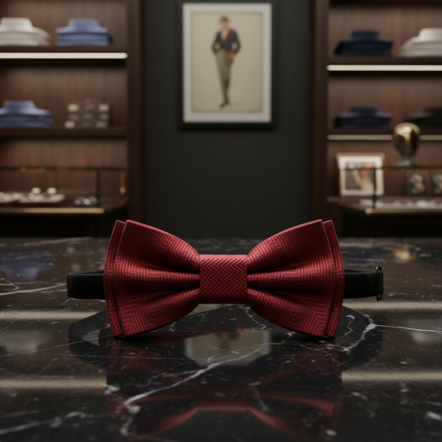 Red bow tie with a geometric pattern on a dark marble surface