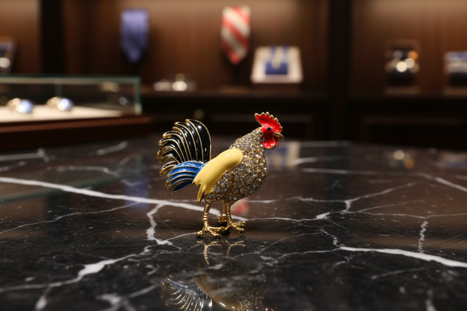 Blue, Red, Yellow and Black Gemstone Rooster Lapel Pin
