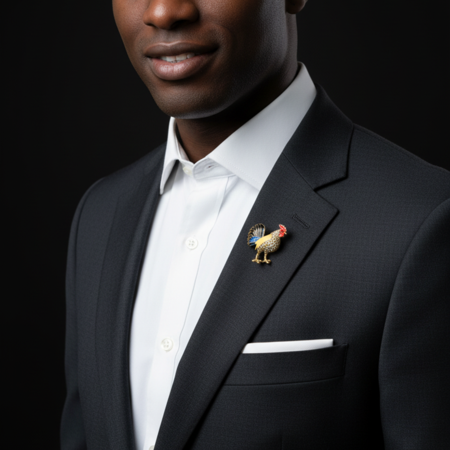 Man wearing a black suit with a colorful lapel pin on a black background