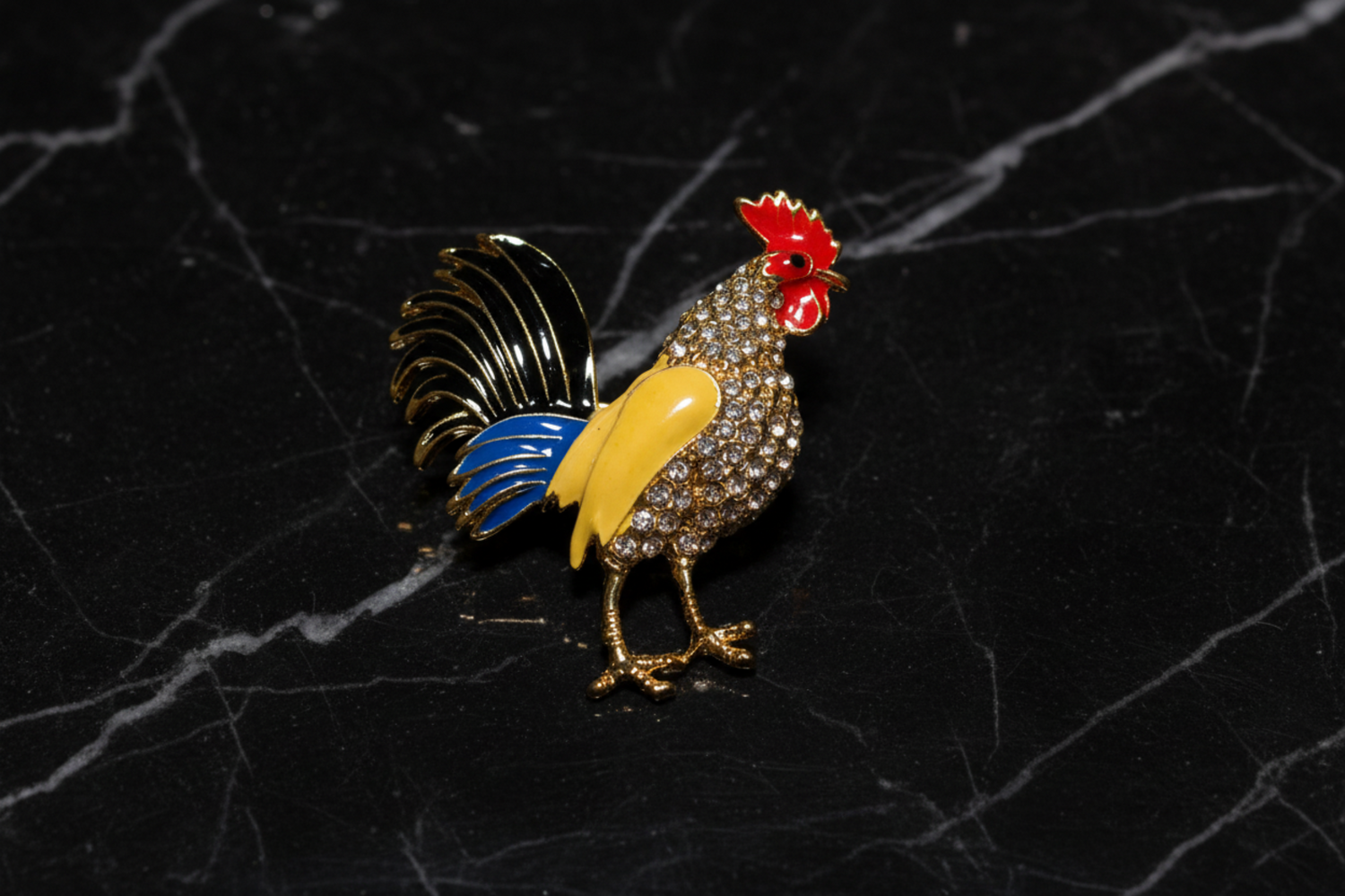 Alt View: Blue, Red, Yellow and Black Gemstone Rooster Lapel Pin