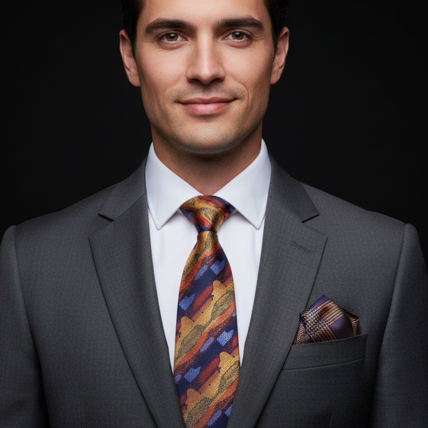 Man wearing a gray suit with a colorful tie and pocket square on a black background