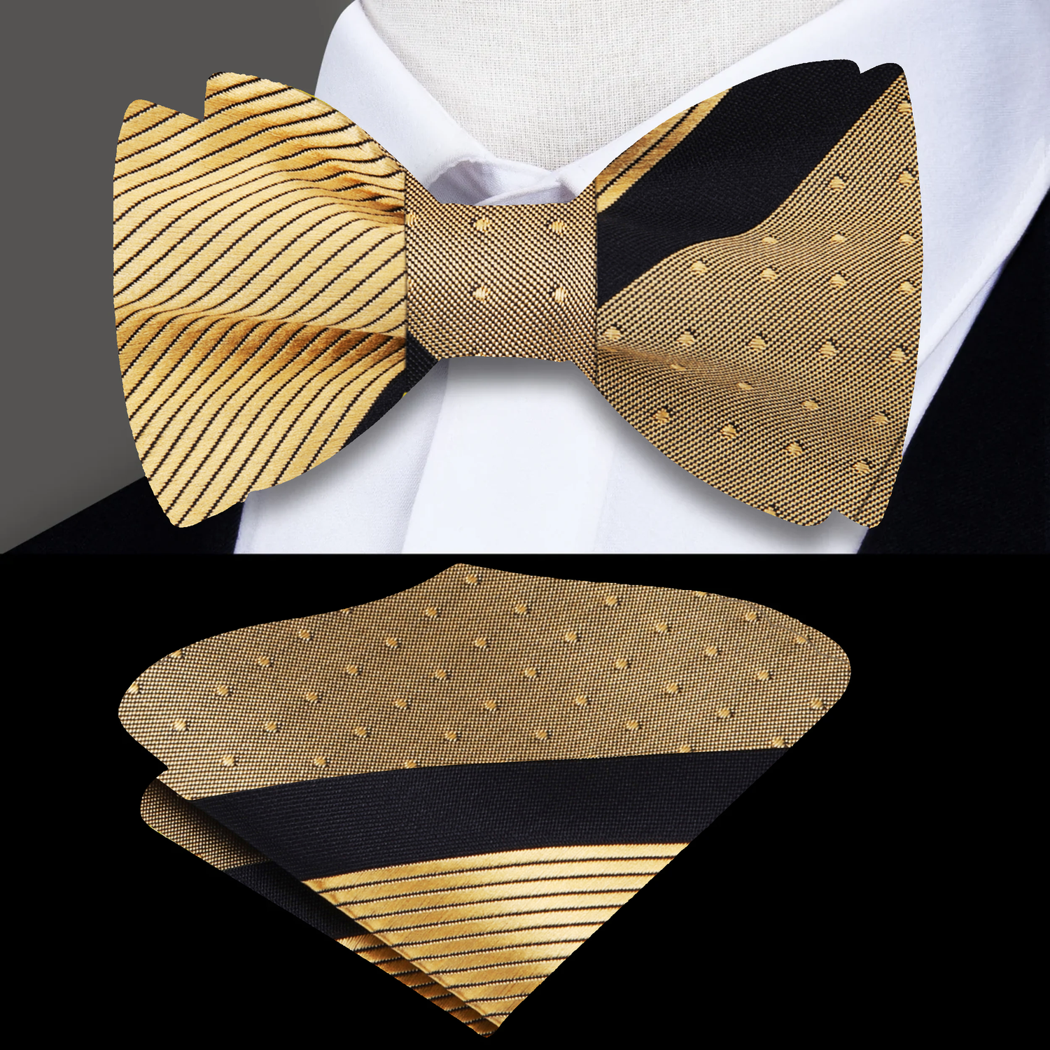 Main: Gold Black Adagio Bow Tie and Pocket Square|