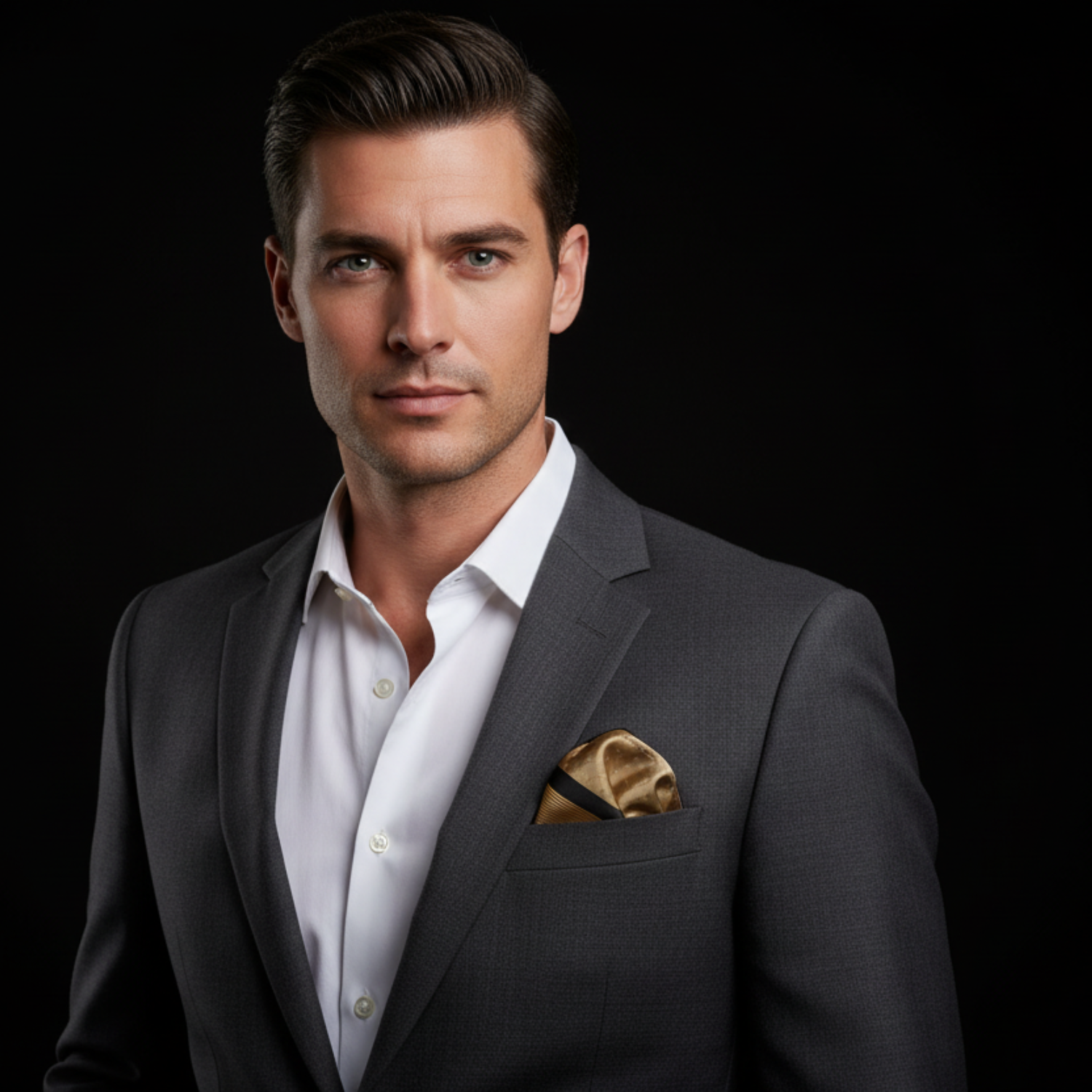 Man wearing gold and black lined square