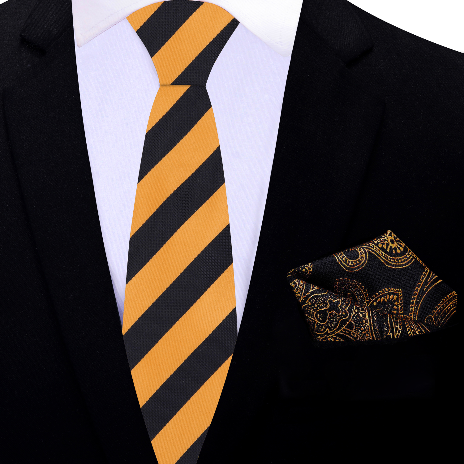 Thin Black and Gold Stripe Necktie and Accenting Square