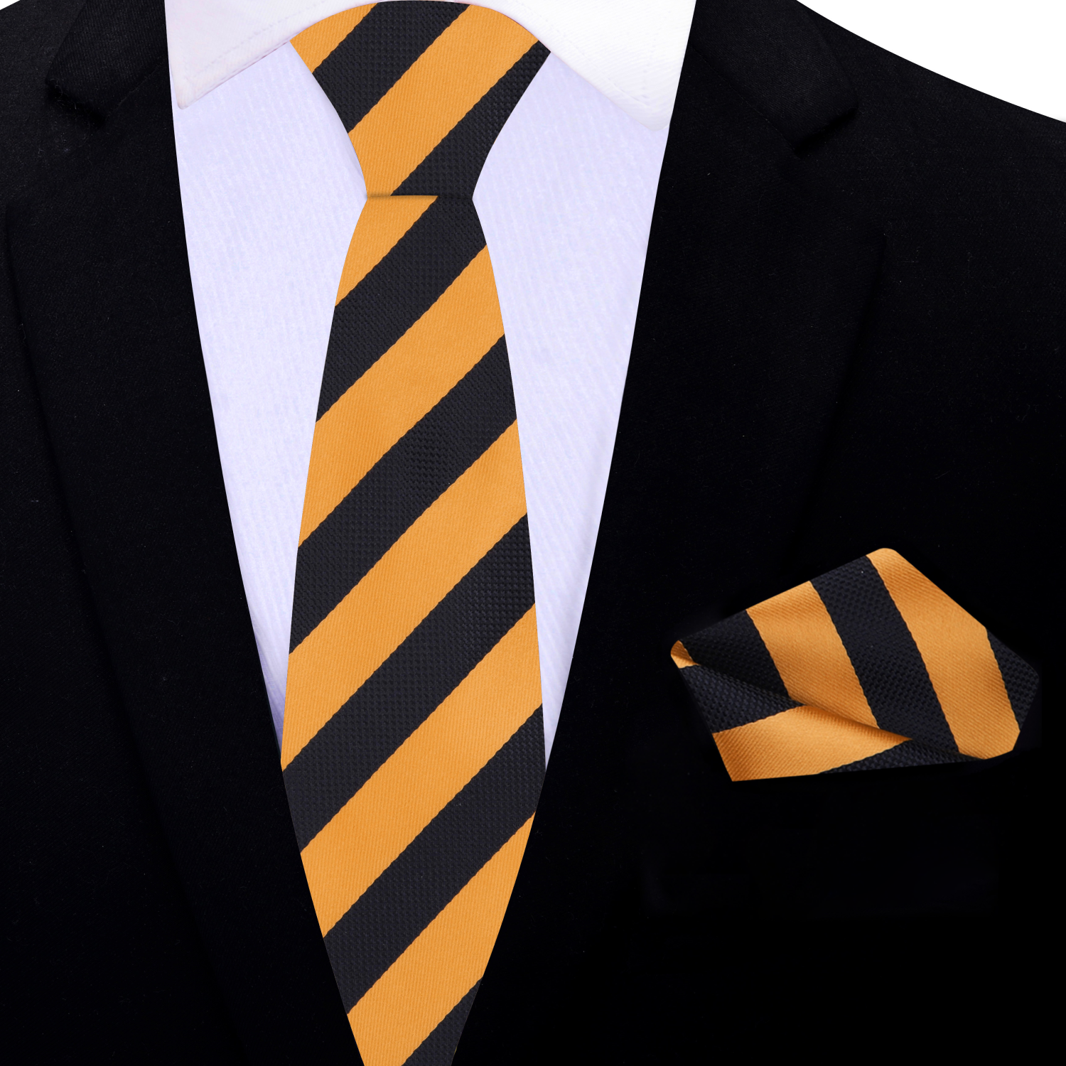 Thin Black and Gold Stripe Necktie and Square