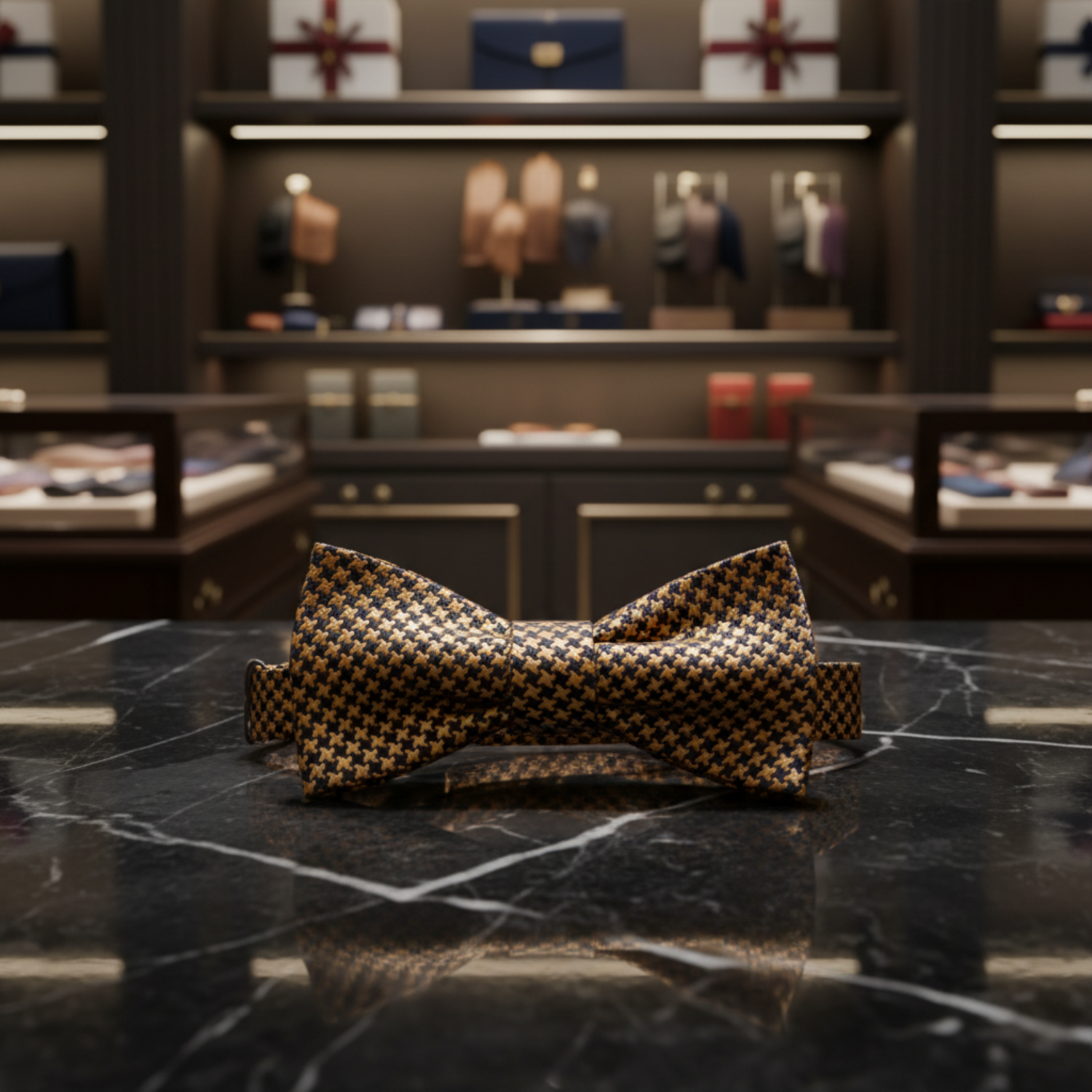 A pre-tied bow tie featuring a dense, small-scale houndstooth pattern in black and metallic gold, presented on a solid white background.