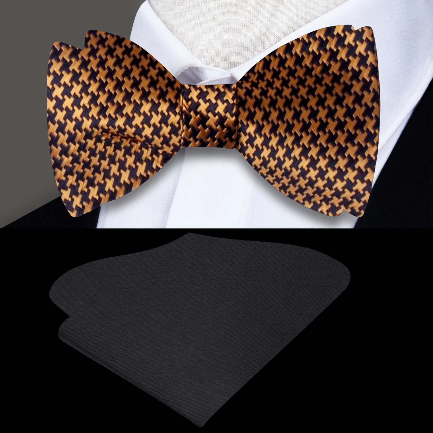A houndstooth pattern bow tie in shades of gold and gold displayed on a white background, with a matching pocket square visible.