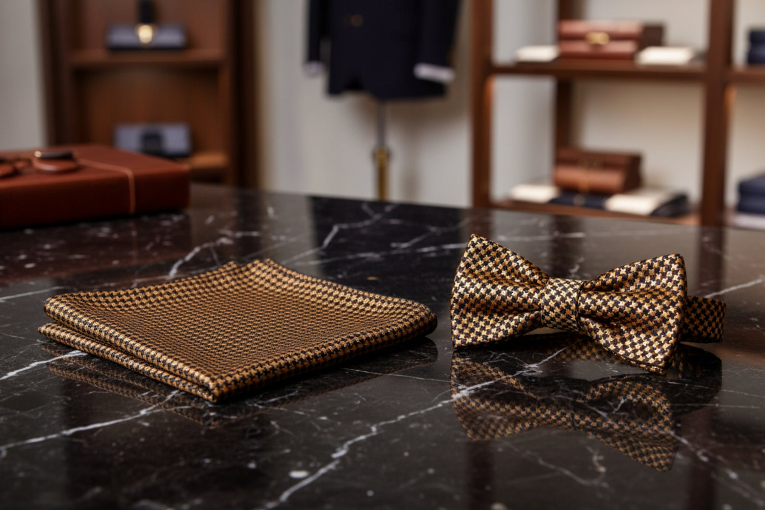 A matching men's formal accessory set featuring a small-scale brown and gold houndstooth patterned necktie and matching pocket square, displayed on a clean white background.