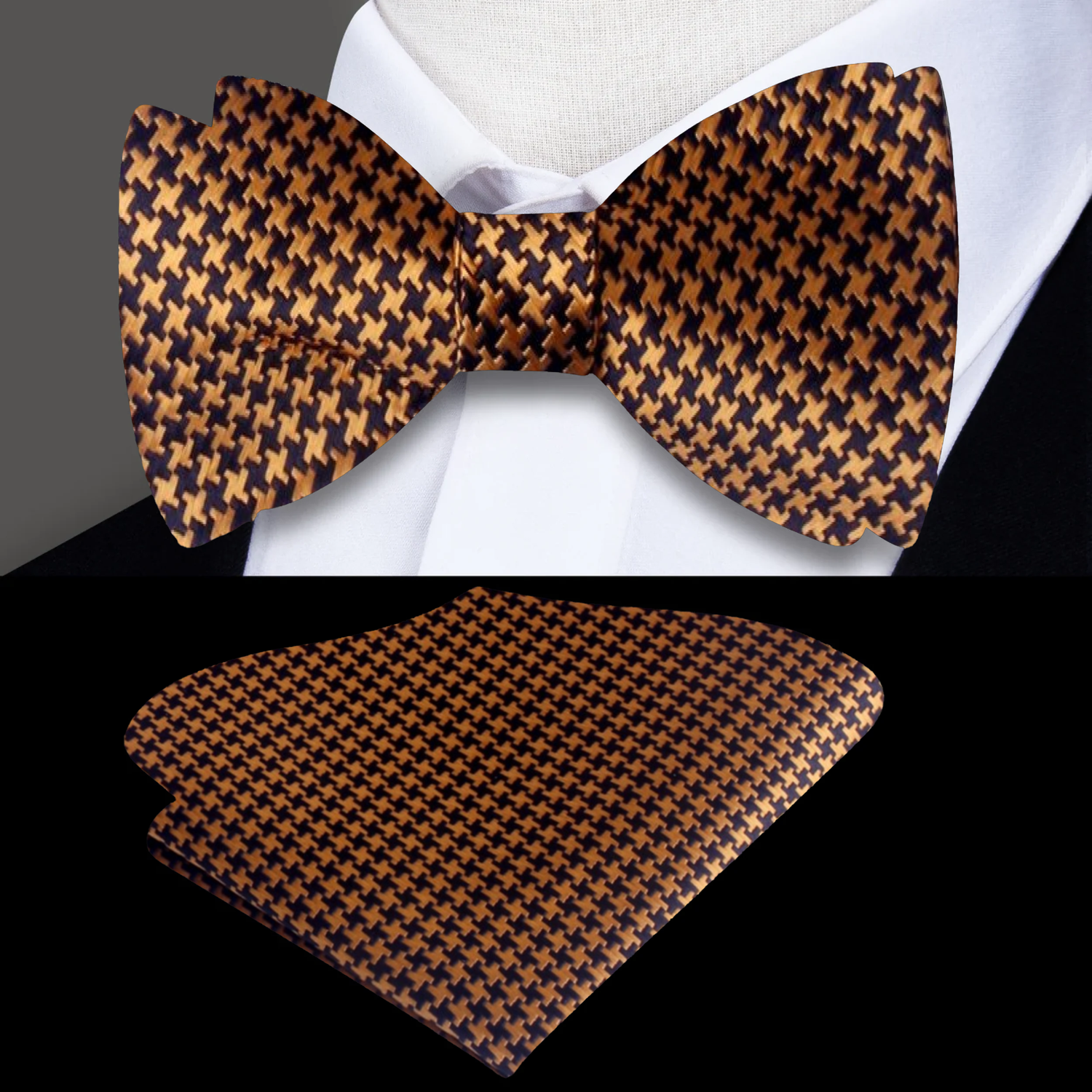 Gold and Black Hounds Tooth Bow Tie and Square