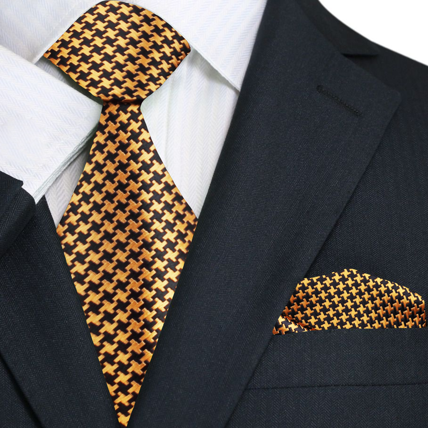 Gold, Black Hounds-tooth Tie and Pocket Square