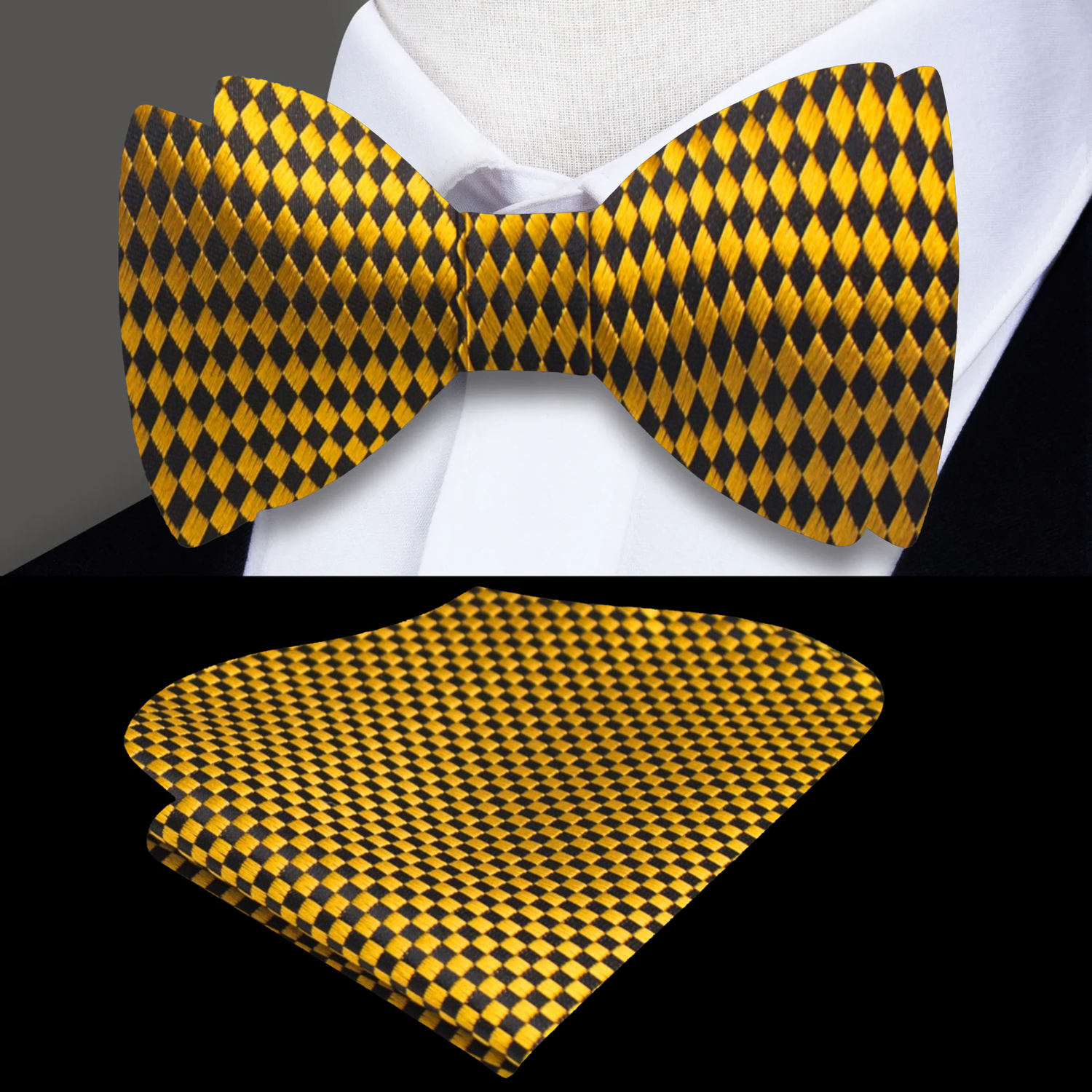 Gold, Black Diamonds Bow Tie and Pocket Square