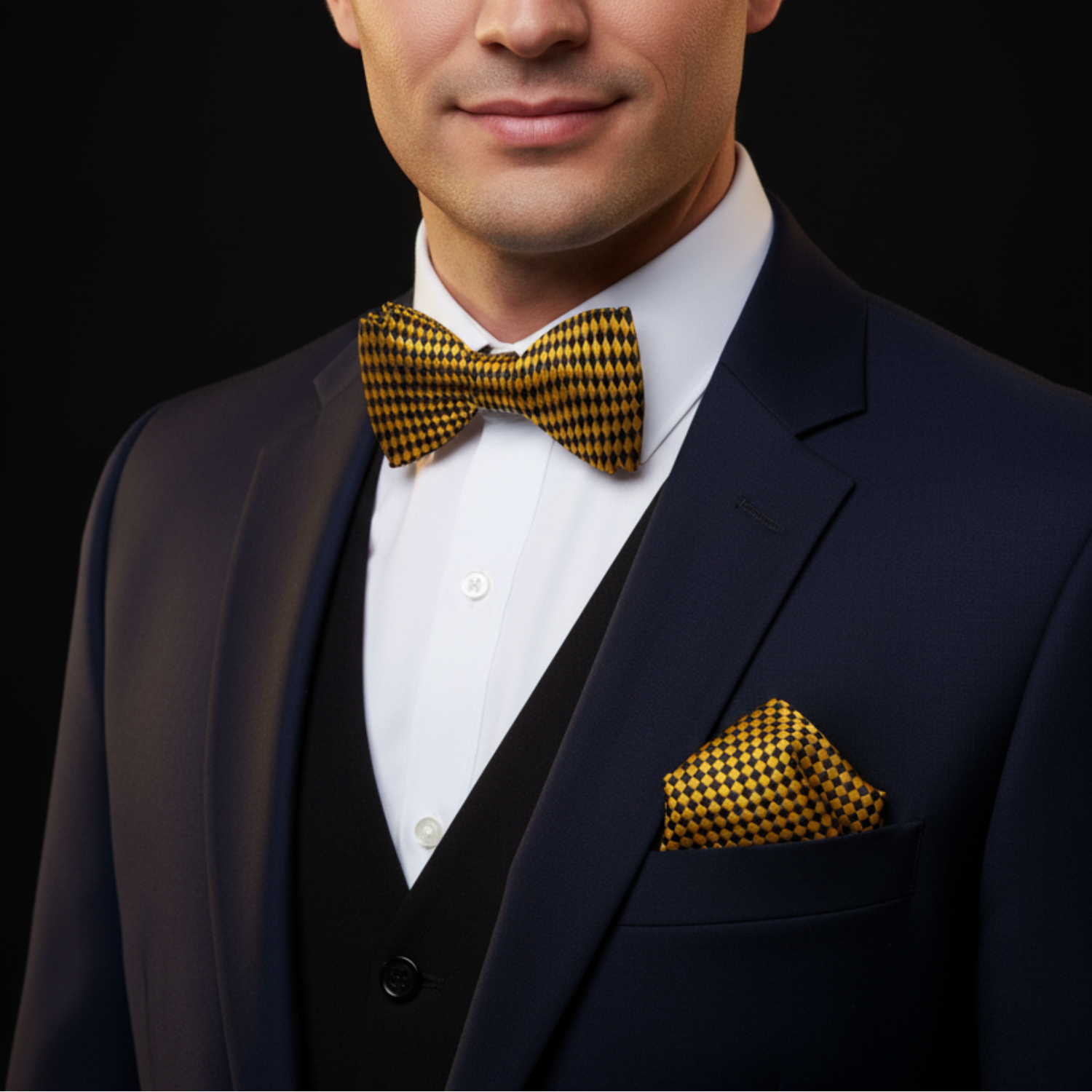 Man wearing gold and black diamonds bow tie and square