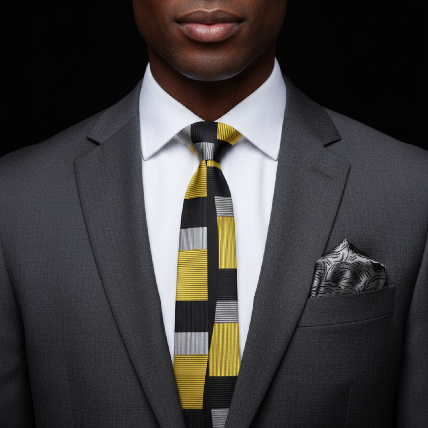 Black, Gold & Grey Block Stripe Thin Tie