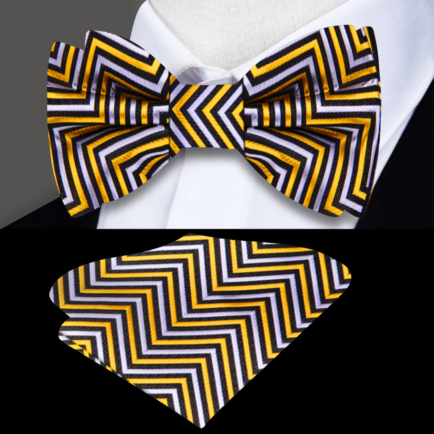Black, Gold Geometric Bow Tie and Pocket Square||Gold, Black, White