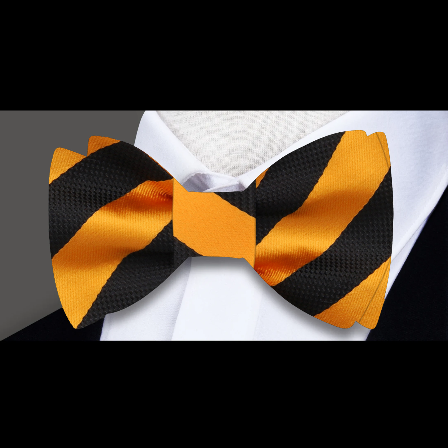 A Gold, Black Stripe Pattern Self Tie Bow Tie