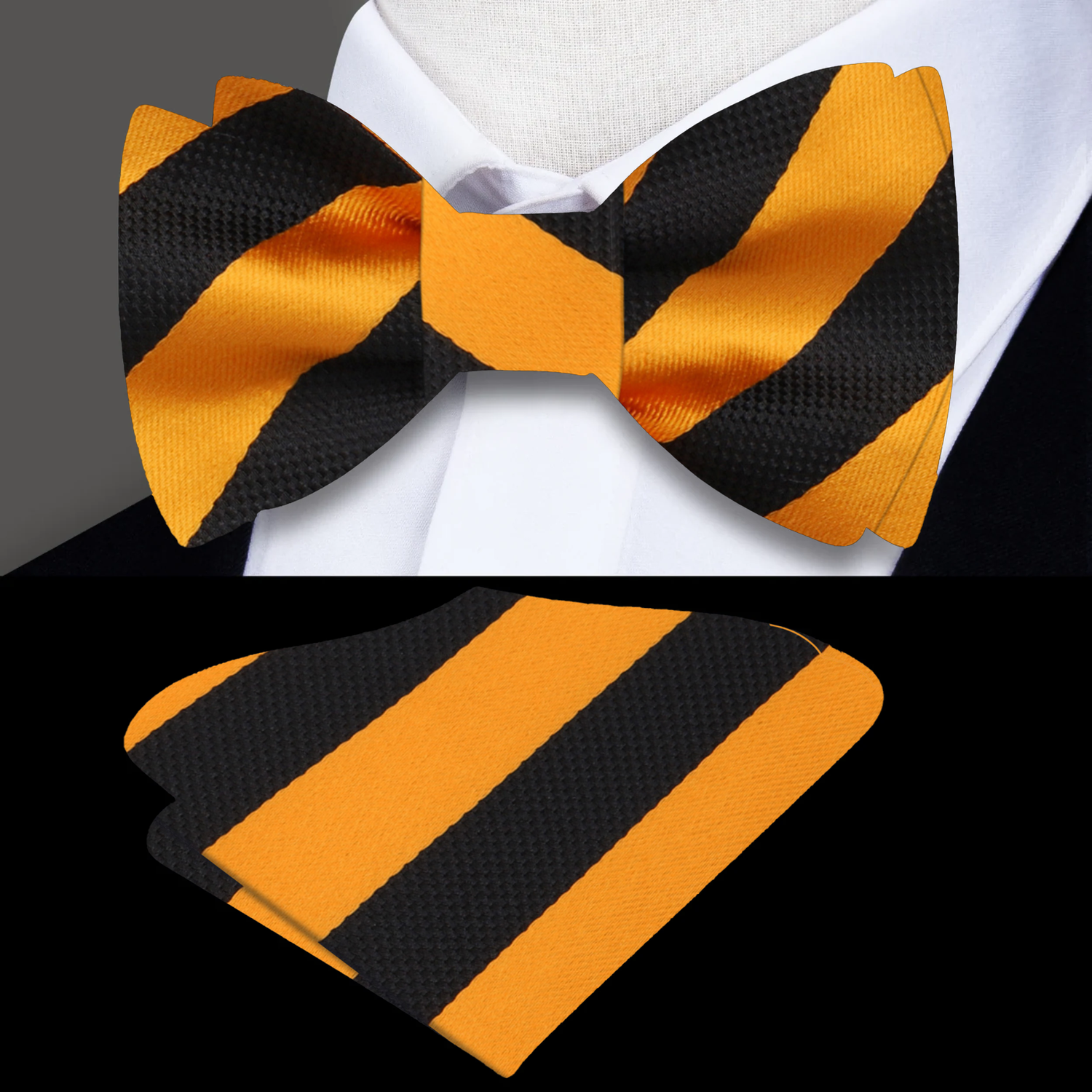 A Gold, Black Stripe Pattern Self Tie Bow Tie and Square