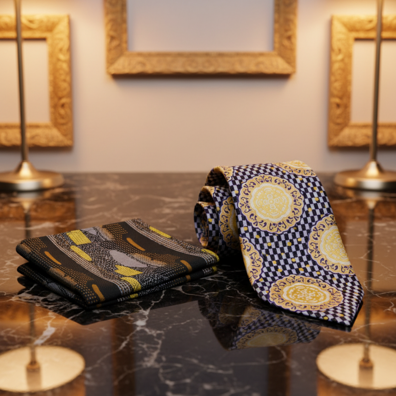 Gold Black Shield Tie and Accenting Square
