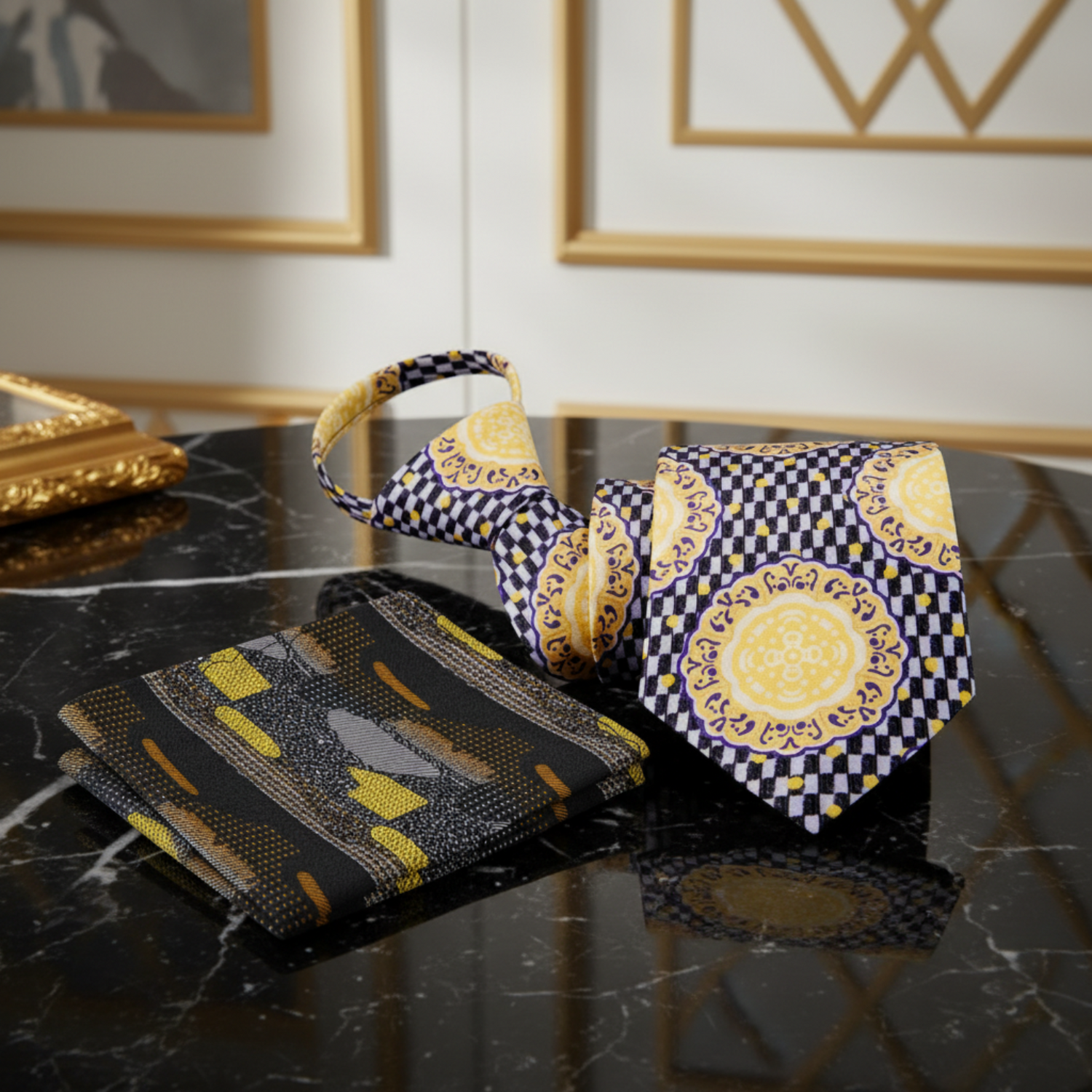 Gold, Black Shield zip tie and accenting Square