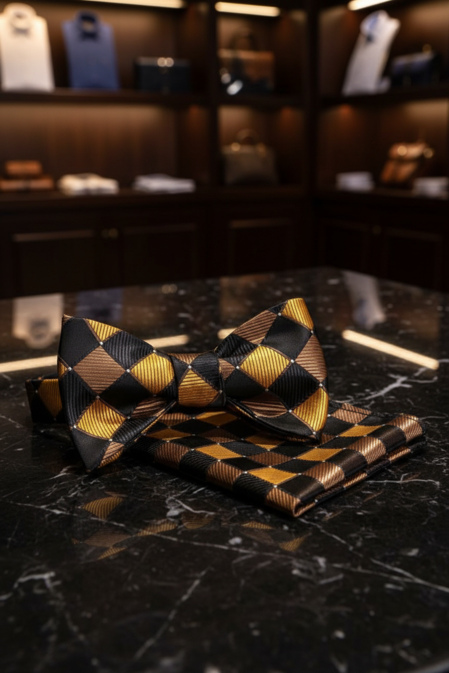Main View: Brown, Gold, Black Geometric Bow Tie and Pocket Square