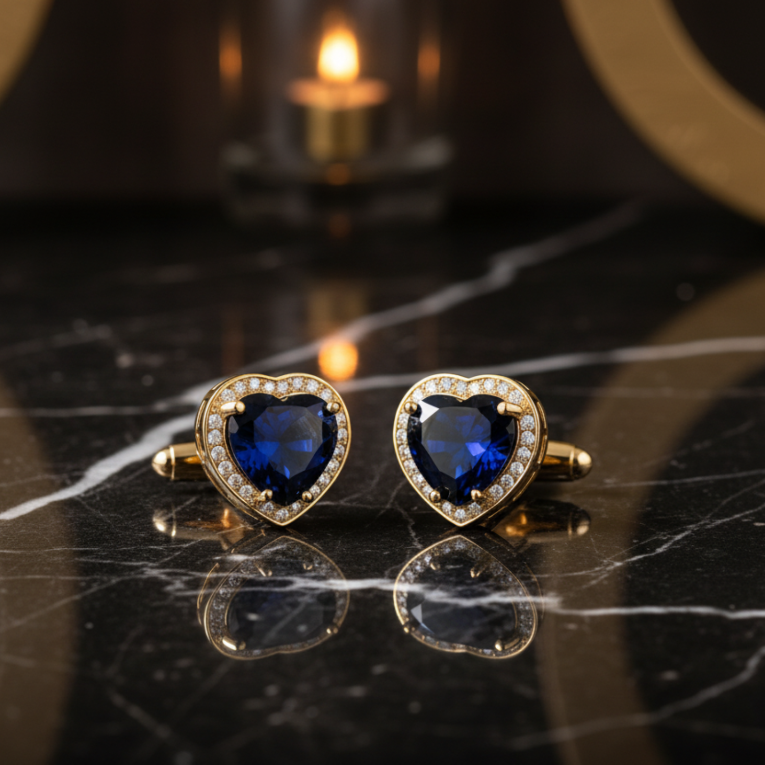 Gold Color with Blue and Clear Stone Heart Cufflinks
