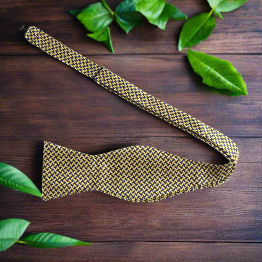 Gold and Blue Houndstooth Bow Tie Self Tie