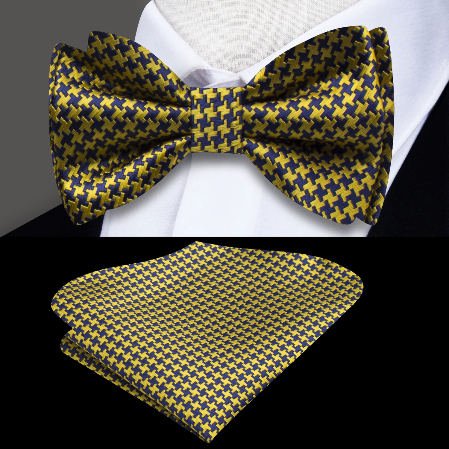 Gold and Blue Houndstooth Bow Tie and Pocket Square