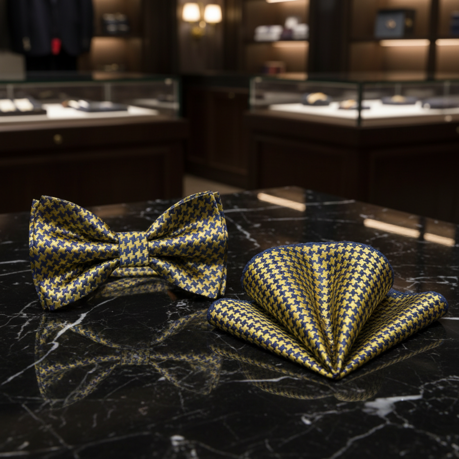 A Gold, Blue Color Hounds-tooth Pattern Silk Kids Pre-Tied Bow Tie, Matching Pocket Square