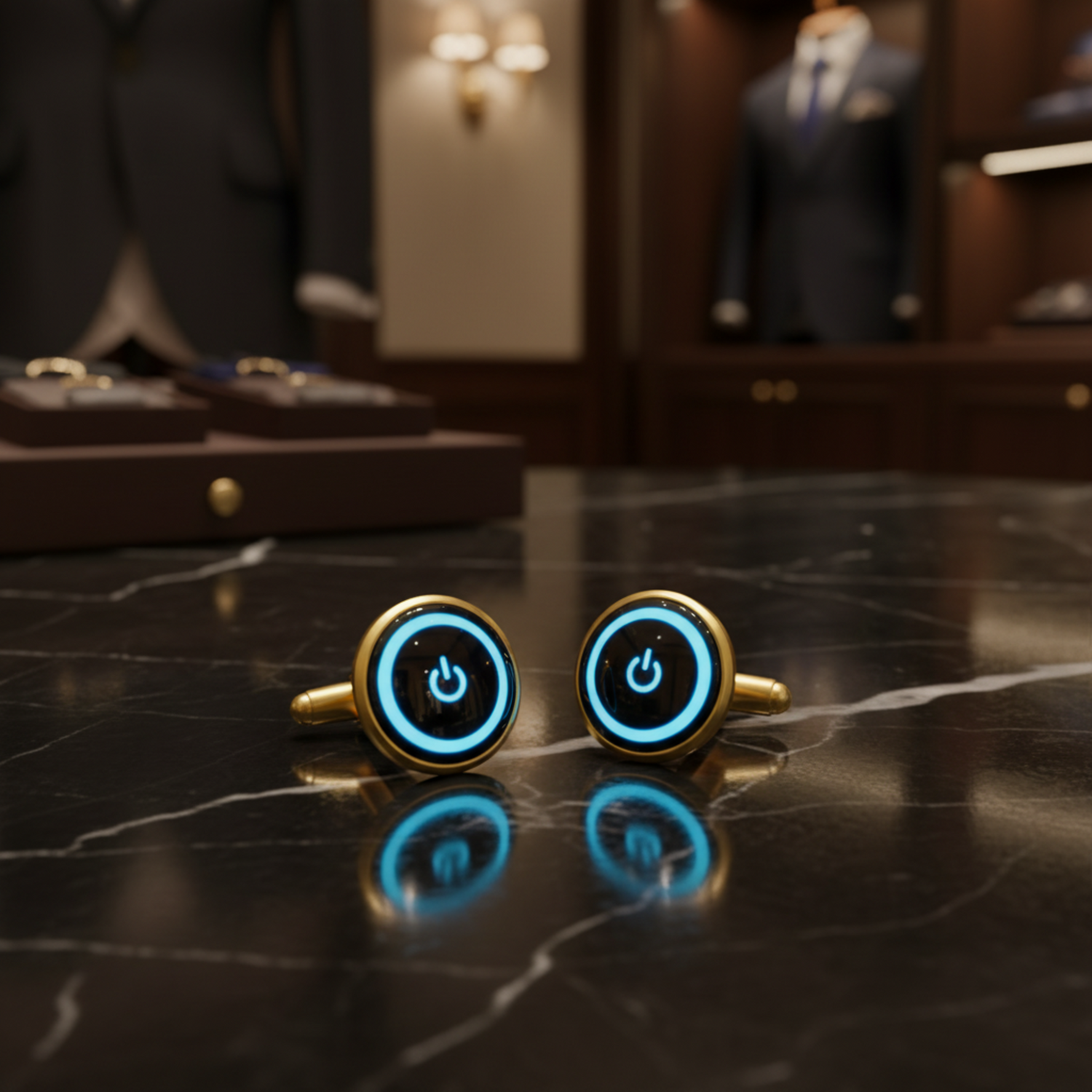 Gold Light Blue Power Button Cufflinks