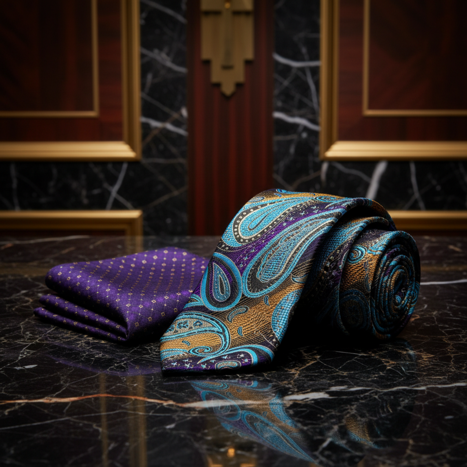 A Copper, Purple, Teal Paisley Pattern  Necktie, Purple and Gold Pocket Square