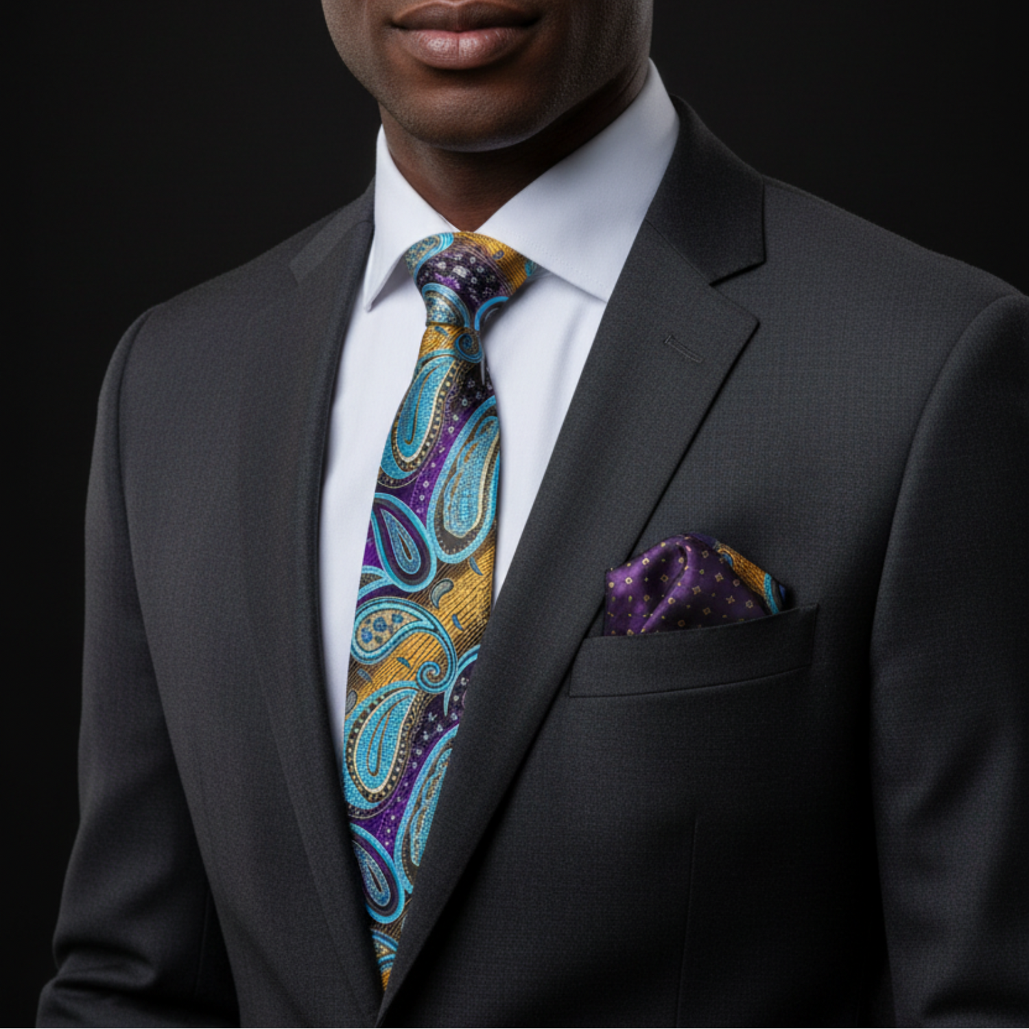 Man wearing a dark gray suit with a colorful paisley tie and pocket square on a black background