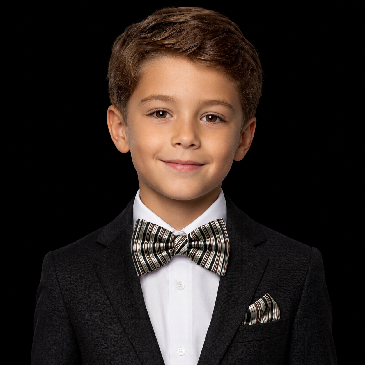 Boys Cream Black Brown Fine Stripe Pre-Tied Bow Tie
