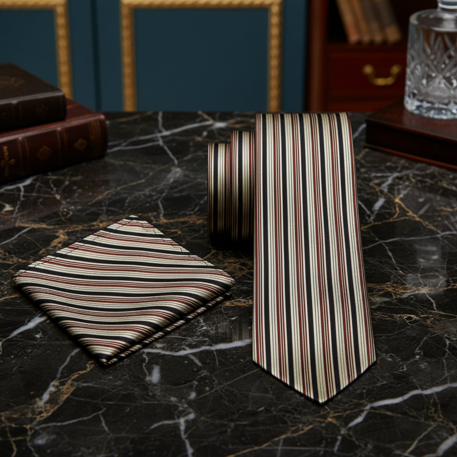 brown gold and black lines tie and pocket square set on a white background