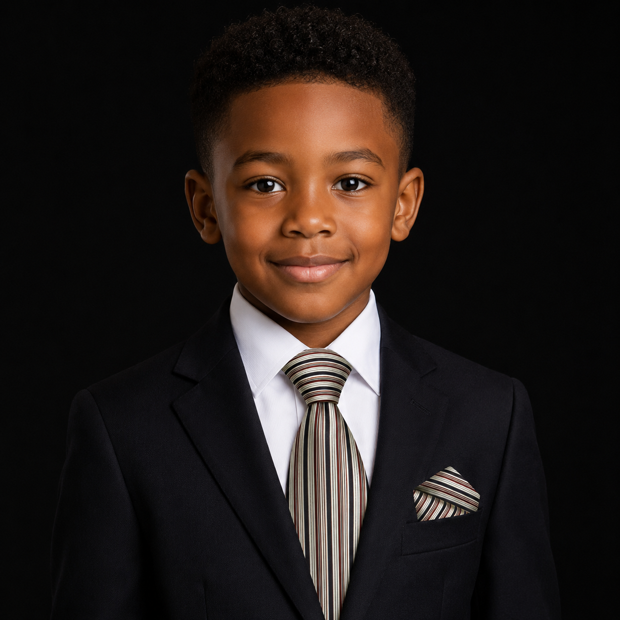 A young boy wearing a dark navy suit, white dress shirt, and a striped tie with a matching pocket square, set against a solid black background.