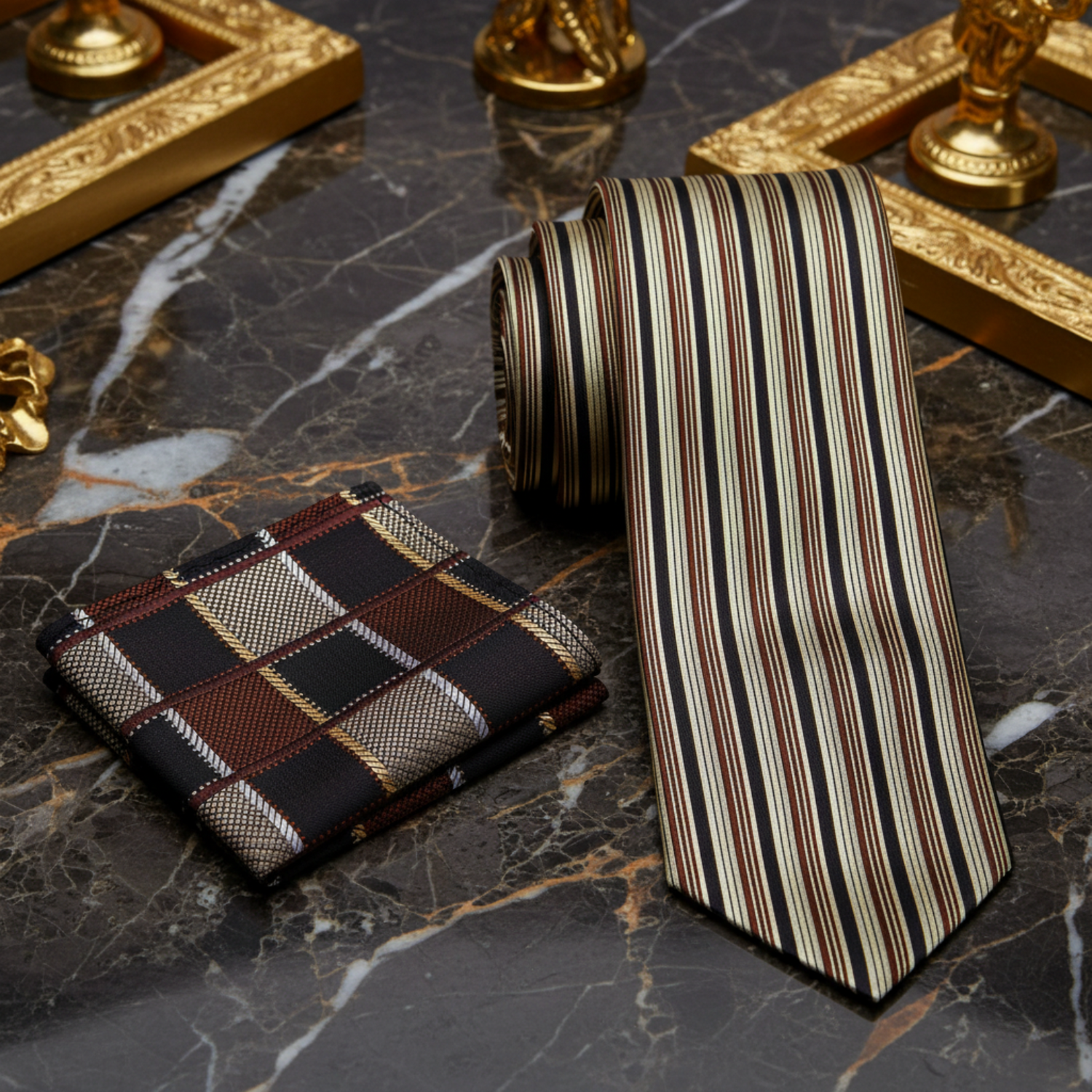 Plaid pocket square and striped tie on a white background