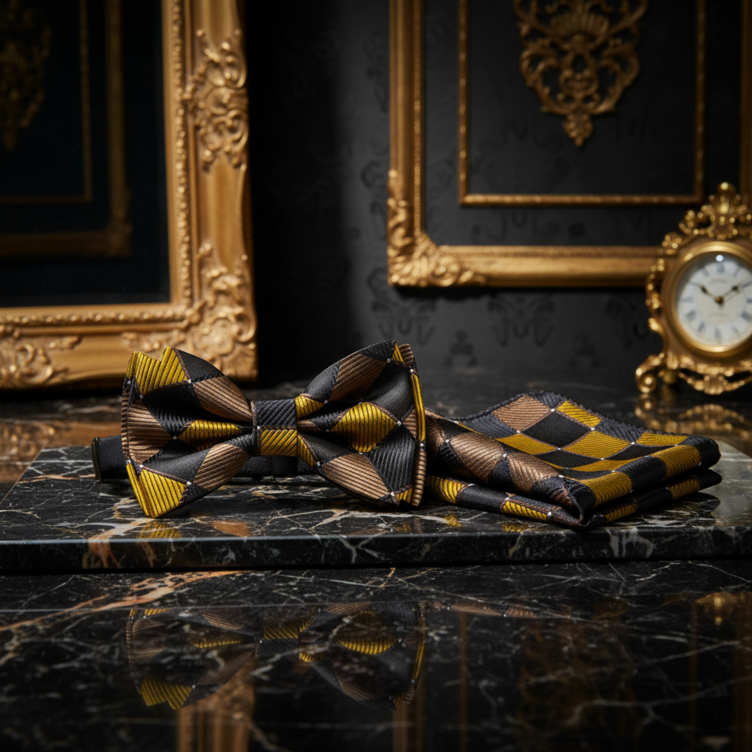 Brown, Gold Diamonds Bow Tie and Matching Square
