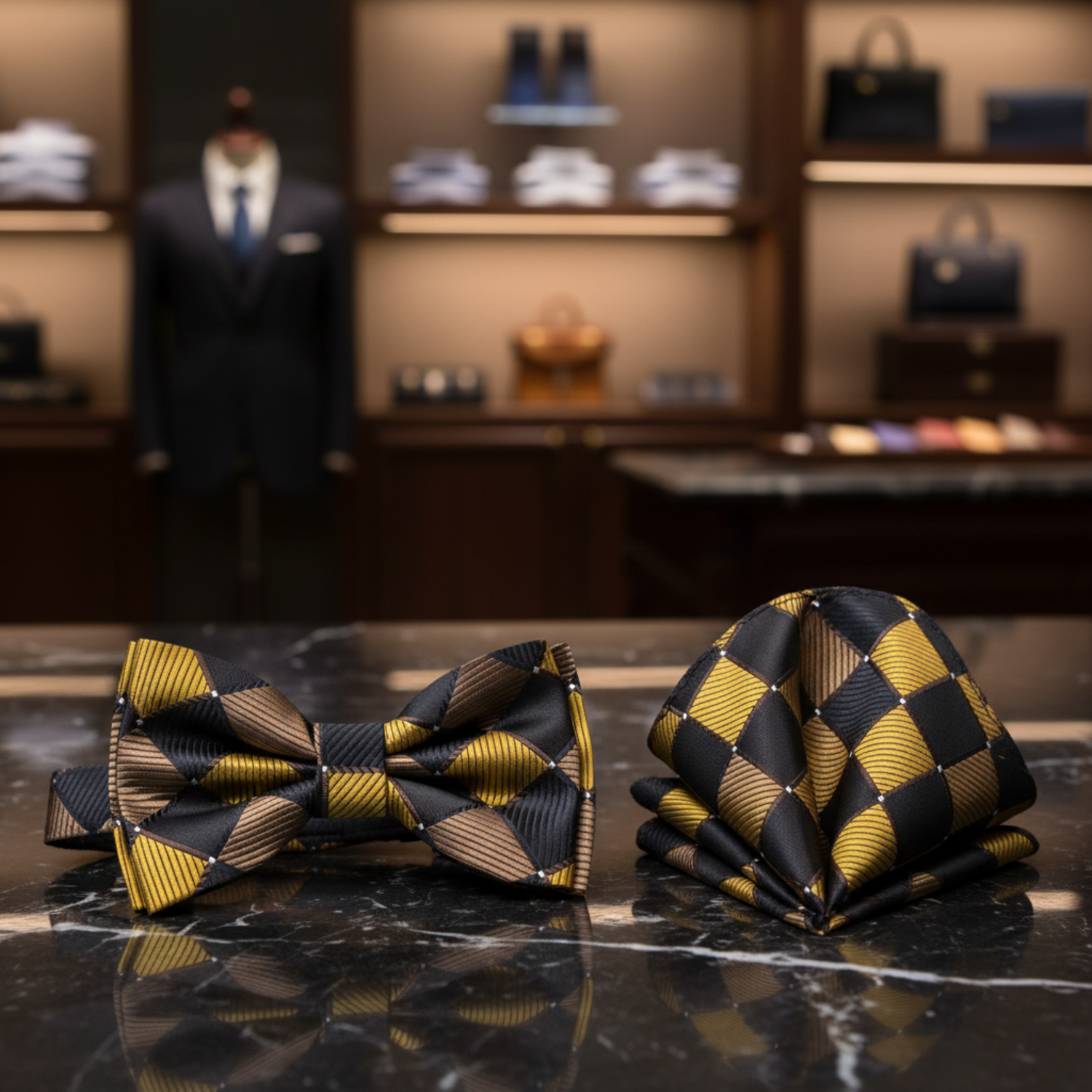 A Gold, Brown, Black Color With Geometric Diamonds Pattern Silk Kids Pre-Tied Bow Tie, Matching Pocket Square