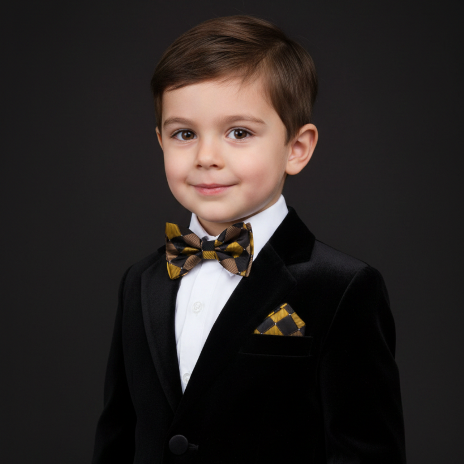 Young boy in a formal black suit with a patterned bow tie and pocket square on a dark background