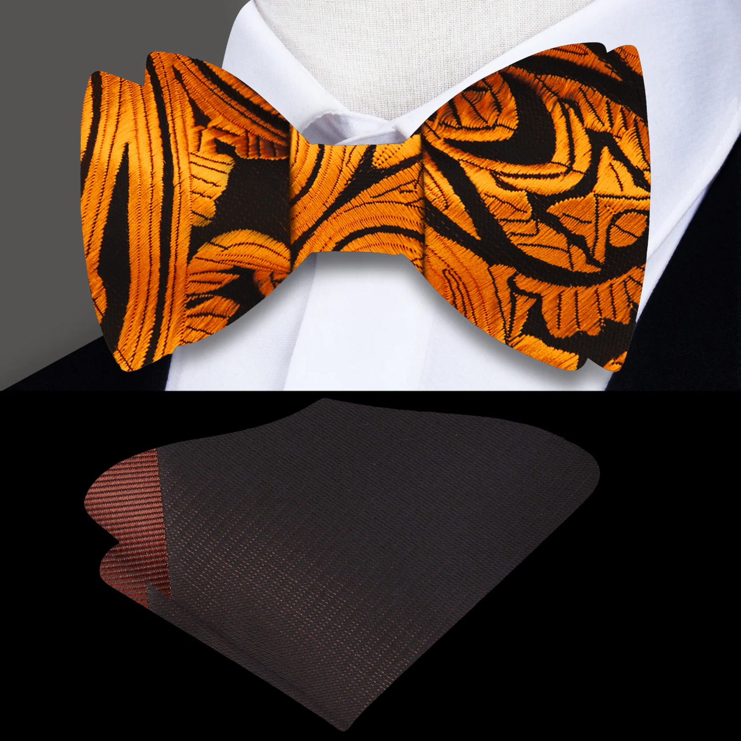 A Inca Gold, Rich Brown Elaborate Floral On Edge of Paisley Pattern Self Tie Bow Tie, Accenting Pocket Square