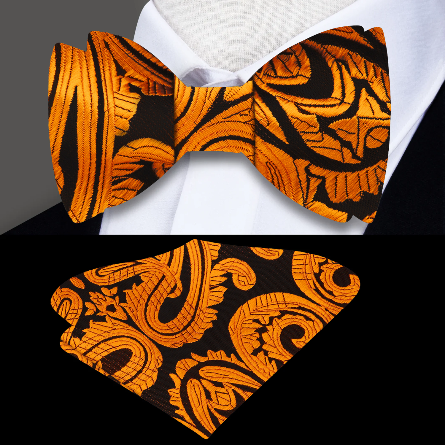 A Inca Gold, Rich Brown Elaborate Floral On Edge of Paisley Pattern Self Tie Bow Tie, Matching Pocket Square