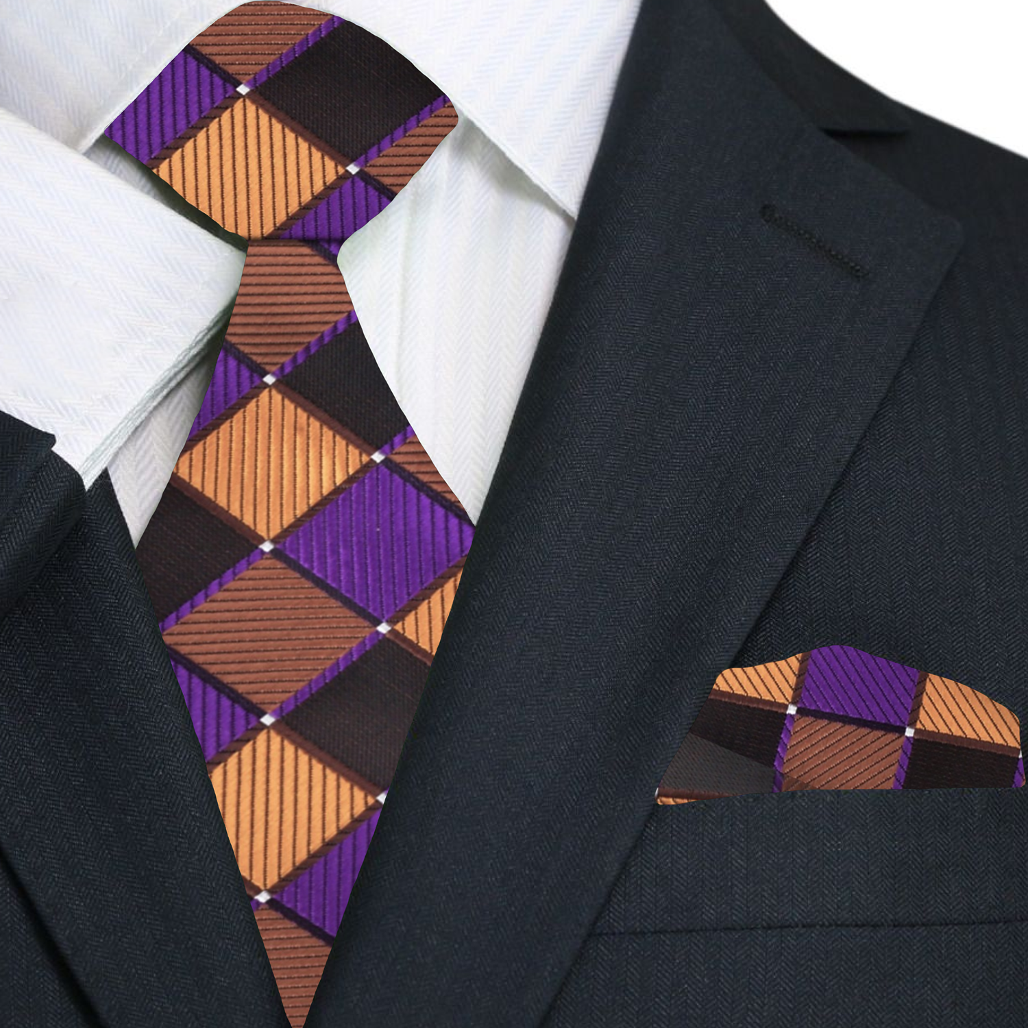 Black suit with a patterned tie and pocket square on a white background