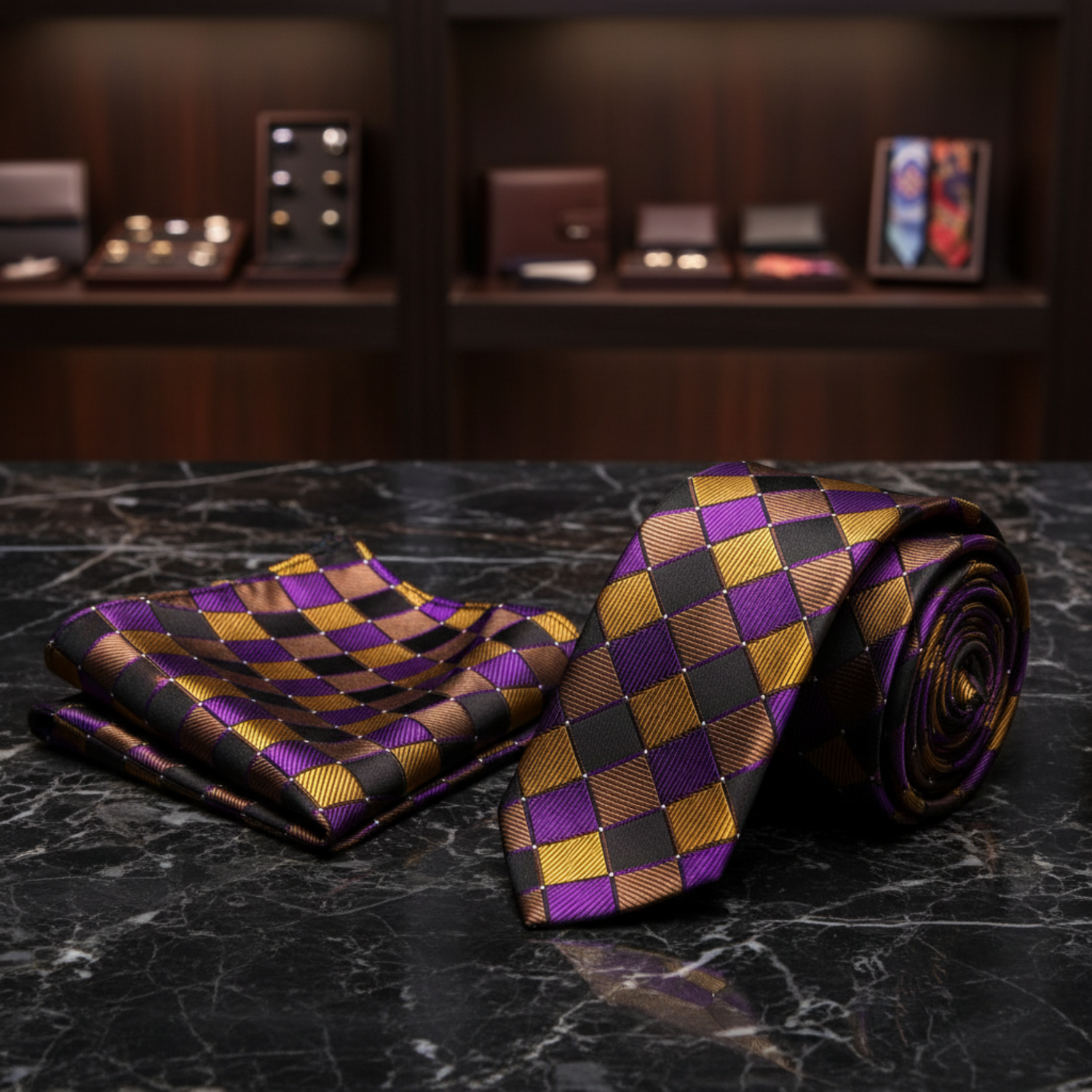 A men's necktie and matching pocket square set, both featuring a checkered diamond pattern in purple, yellow, and brown on a white background.