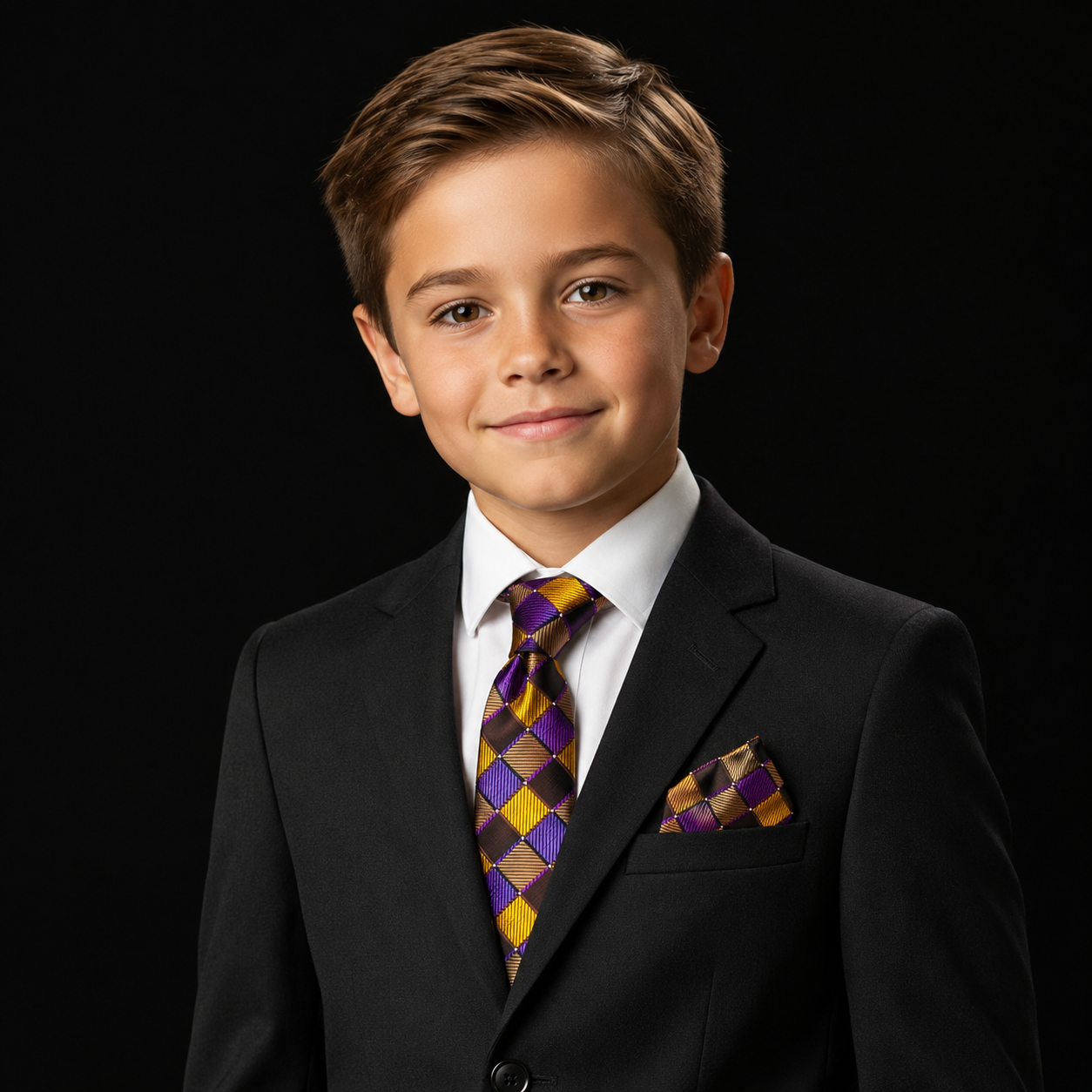 A young boy wearing a black suit, white dress shirt, and a purple and gold argyle patterned tie with a matching pocket square, set against a solid black background.