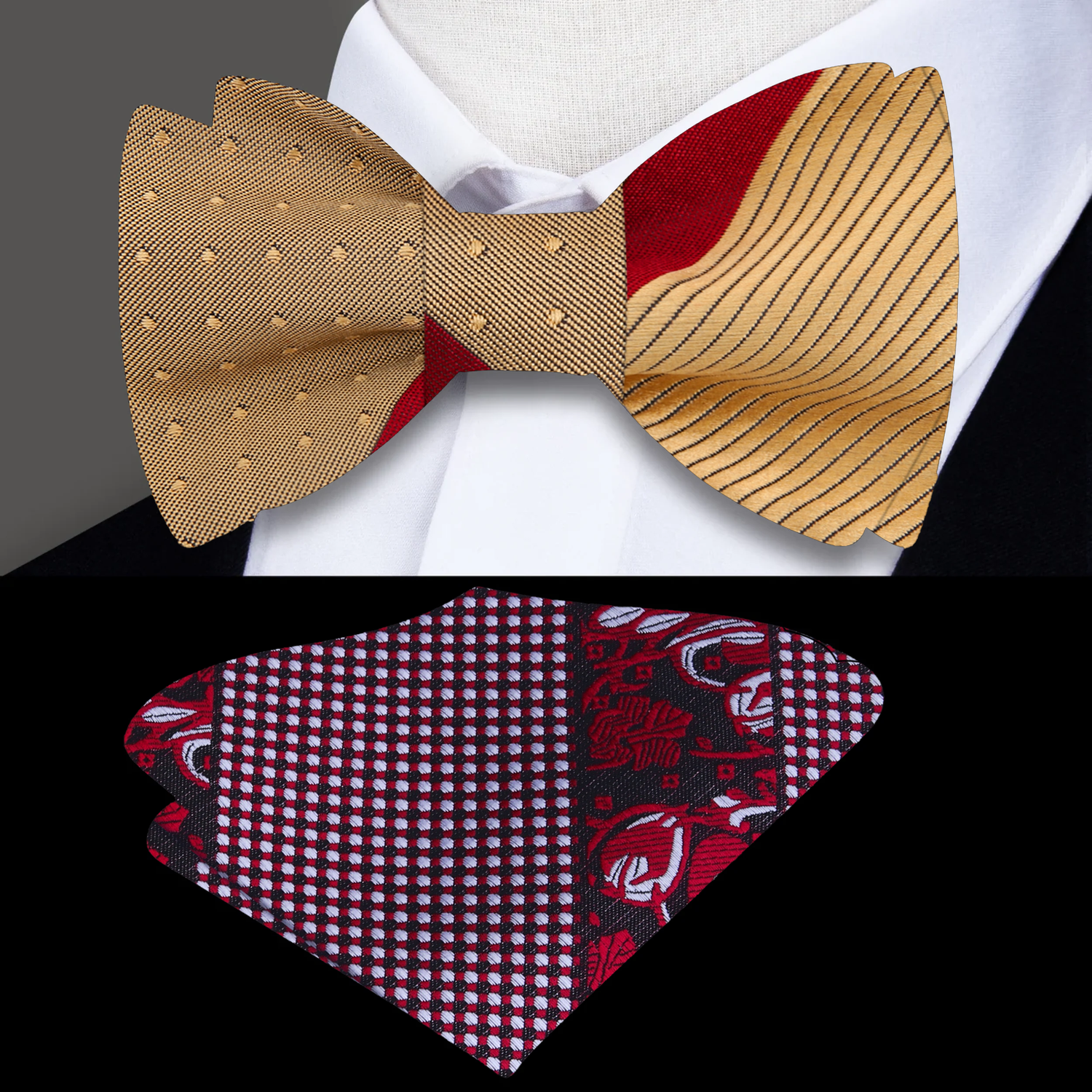 Gold bow tie with red and gold pattern on a white shirt, accompanied by a red and gold pocket square.