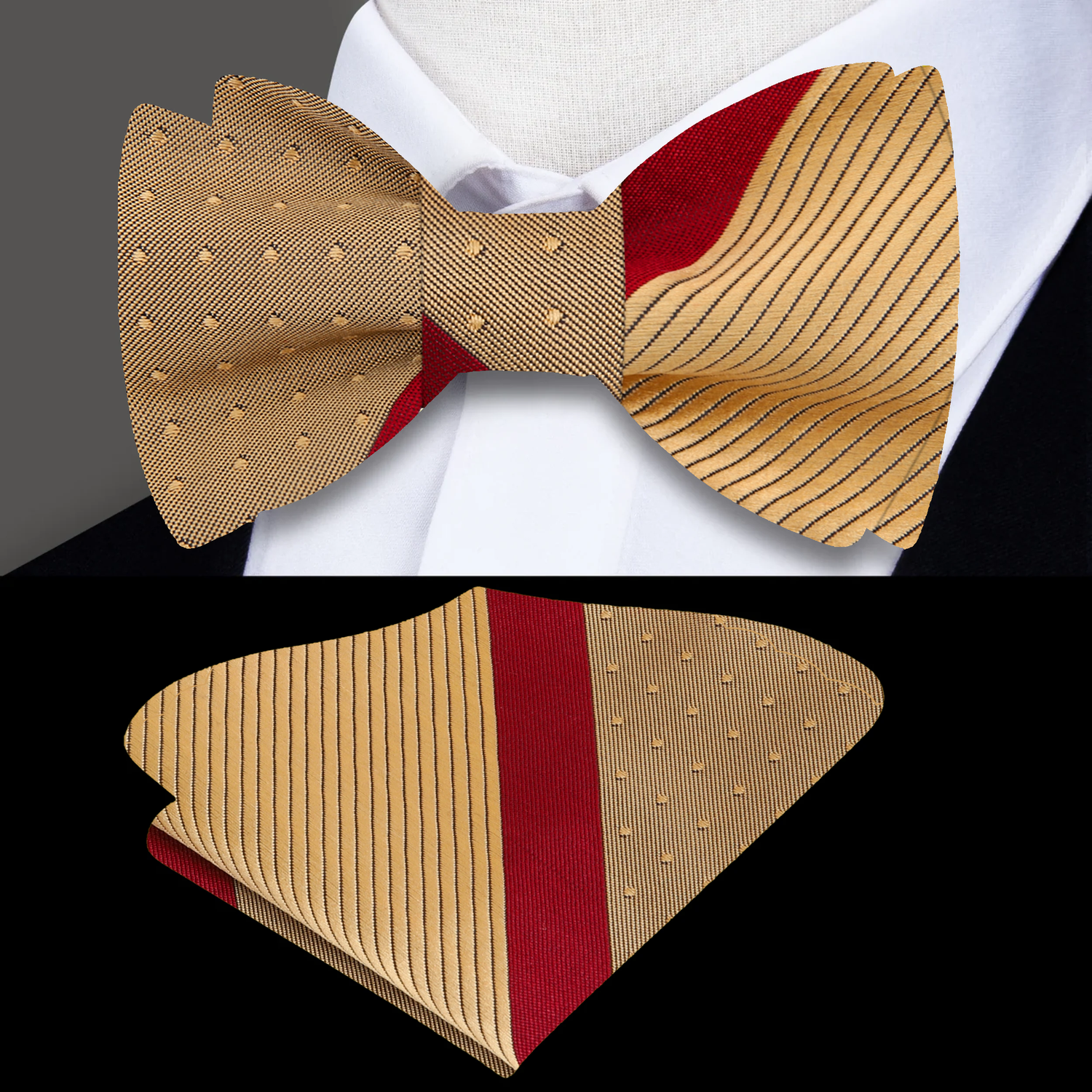 Gold and red bow tie with matching pocket square on a white shirt.