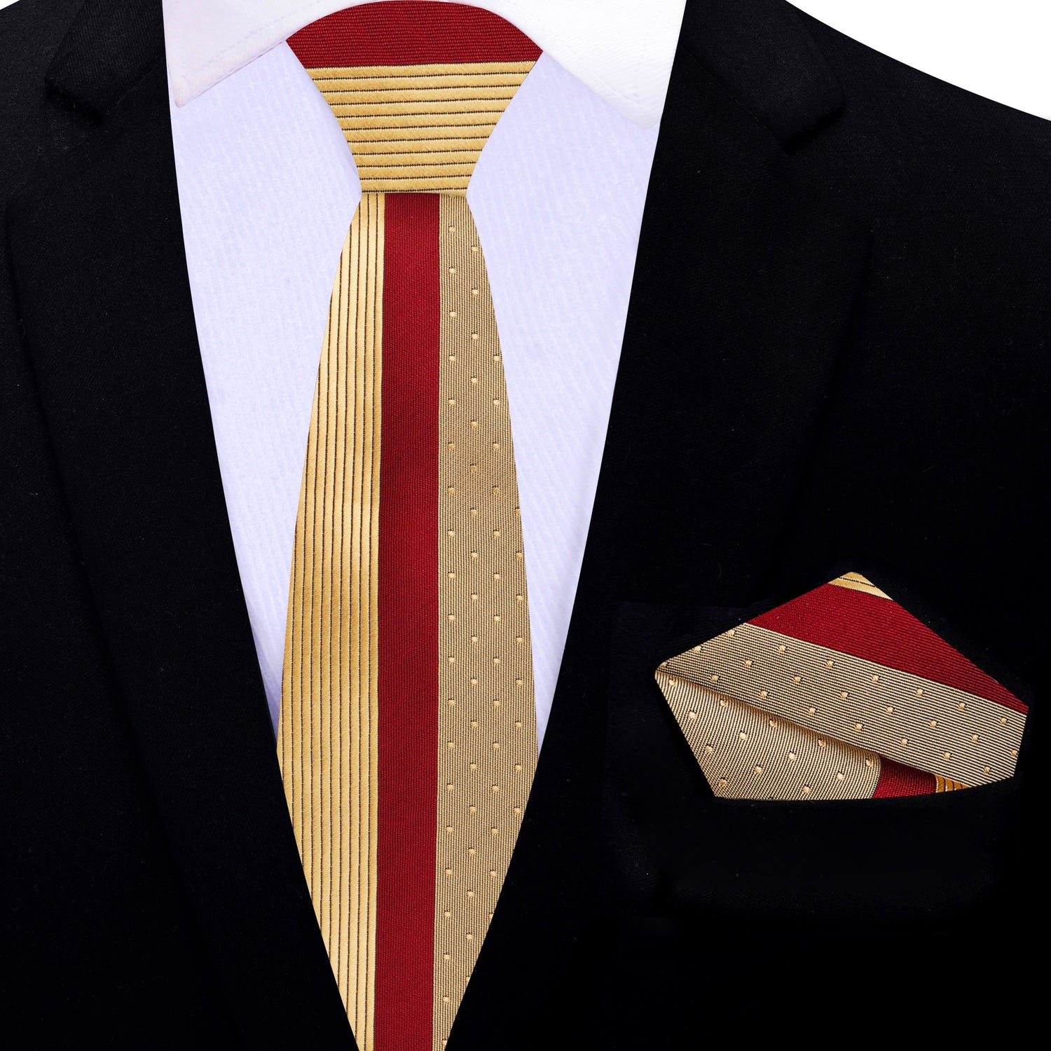 Thin Tie: Gold, Burgundy Lined Tie and Matching Square