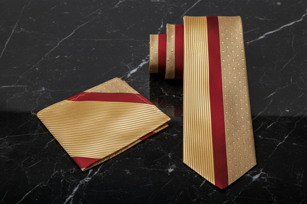 Alt View: Gold, Burgundy Lined Tie and Matching Square